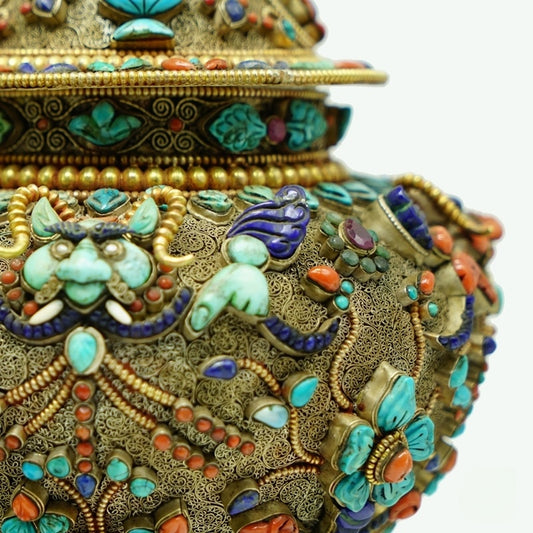 Handmade Yellow Jambhala treasure vase rooted in Tibetan Buddhist sacrificial implements culture, refined Buddhist sacrificial items art symbolizing wealth, abundance, and blessings