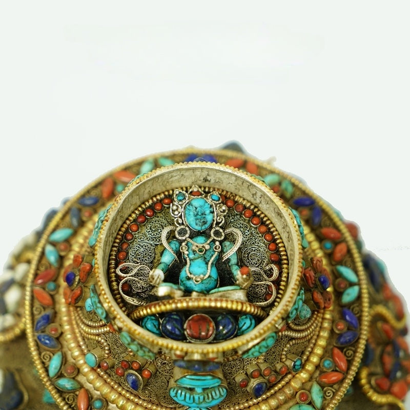 Traditional handmade Yellow Jambhala treasure vase representing Tibetan Buddhist sacrificial implements culture, authentic Buddhist sacrificial items art for fortune and merit accumulation