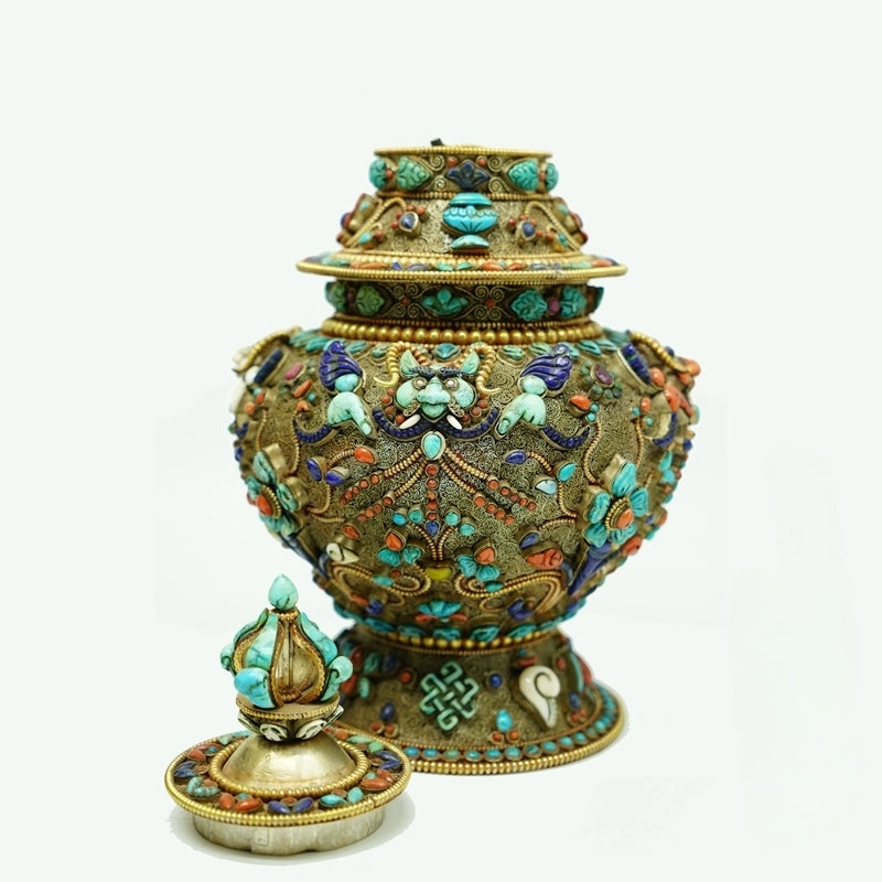 Handmade Yellow Jambhala abundance vase based on Tibetan Buddhist sacrificial implements culture, Buddhist sacrificial items art symbolizing prosperity, protection, and auspicious energy