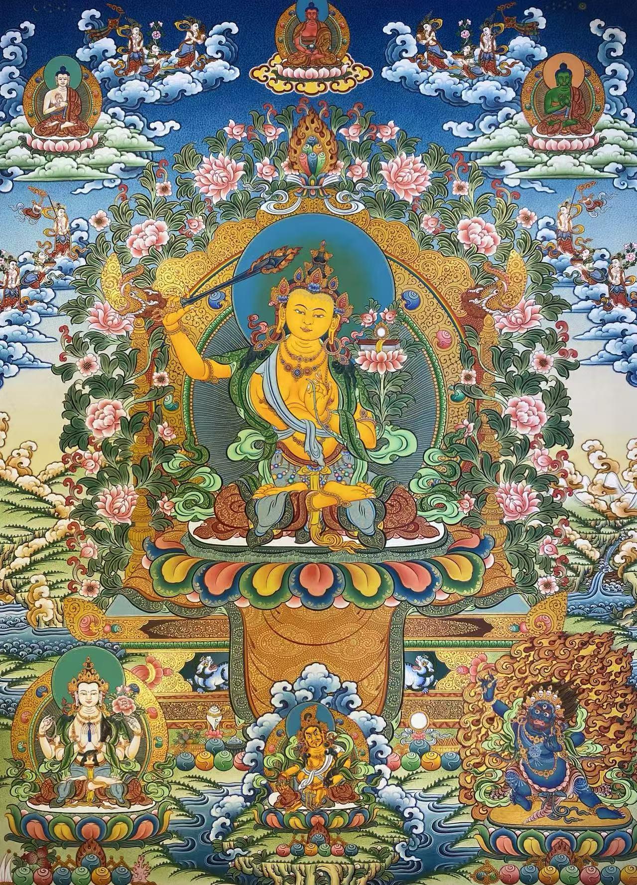 Manjushri Thangka Hand-Painted with Mineral Pigments 75x50cm