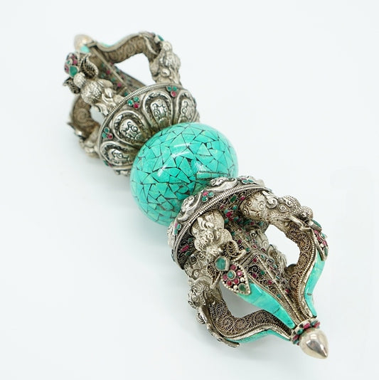 Handcrafted 30cm silver Vajra statue, symbolizing spiritual strength and wisdom, deeply rooted in Tibetan Buddhist ritual implements culture.