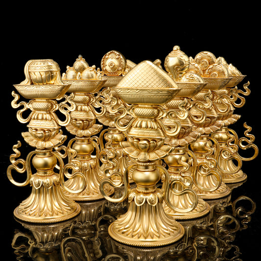 A beautifully handcrafted brass Eight Auspicious Symbols set, representing blessings and prosperity, rooted in Tibetan Buddhist ritual implements culture
