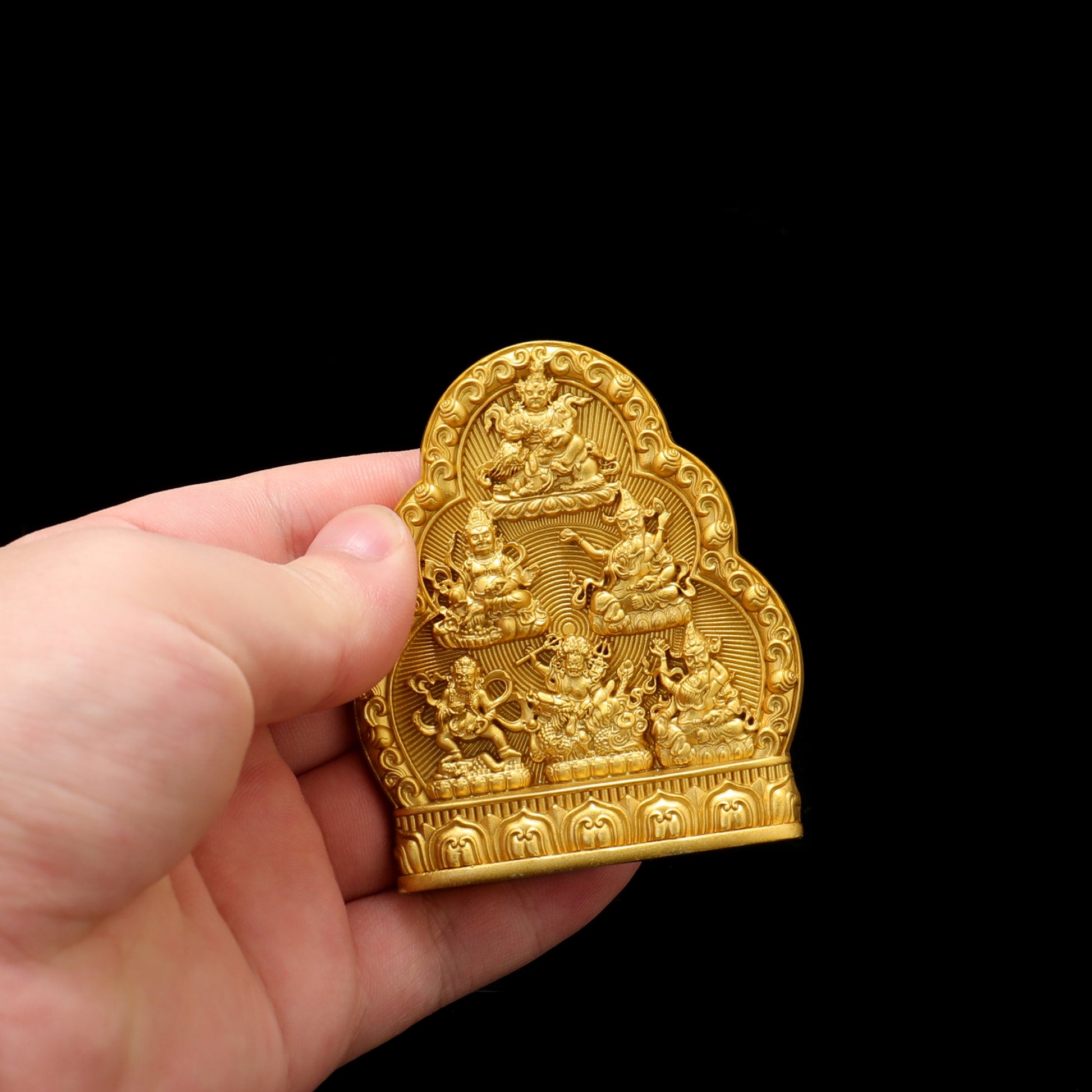 Handcrafted brass Six Wealth Deities set, representing spiritual growth, prosperity, and enlightenment in Tibetan Buddhist ritual implements art.