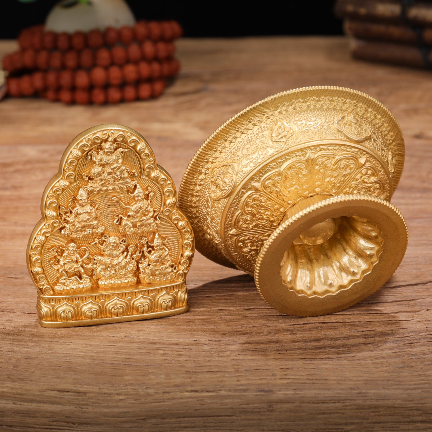 Brass set of Six Gods of Wealth, perfect for meditation, offering prosperity and divine blessings, rooted in Tibetan Buddhist ritual implements culture.