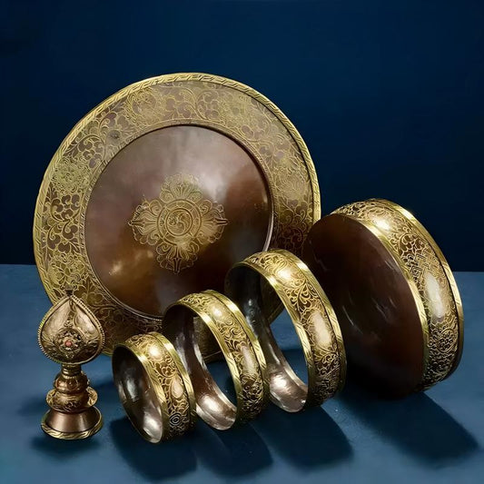 Tibetan Buddhist sacrificial implements culture: Detailed close-up of the jeweled copper mandala base, showcasing exquisite Buddhist sacrificial items art and hand-set natural gemstones.
