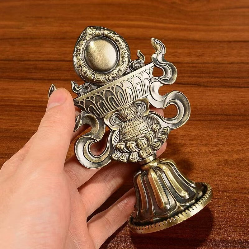 Tibetan Buddhist sacrificial implements culture: Vibrant hand-painted Eight Auspicious Symbols on wood, showcasing the intricate details of traditional Buddhist sacrificial items art and sacred Himalayan pigments.