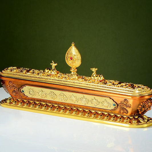 Tibetan Buddhist sacrificial implements culture: A majestic incense burner featuring the Snow Lion and Eight Auspicious Symbols for burning sandalwood and agarwood.