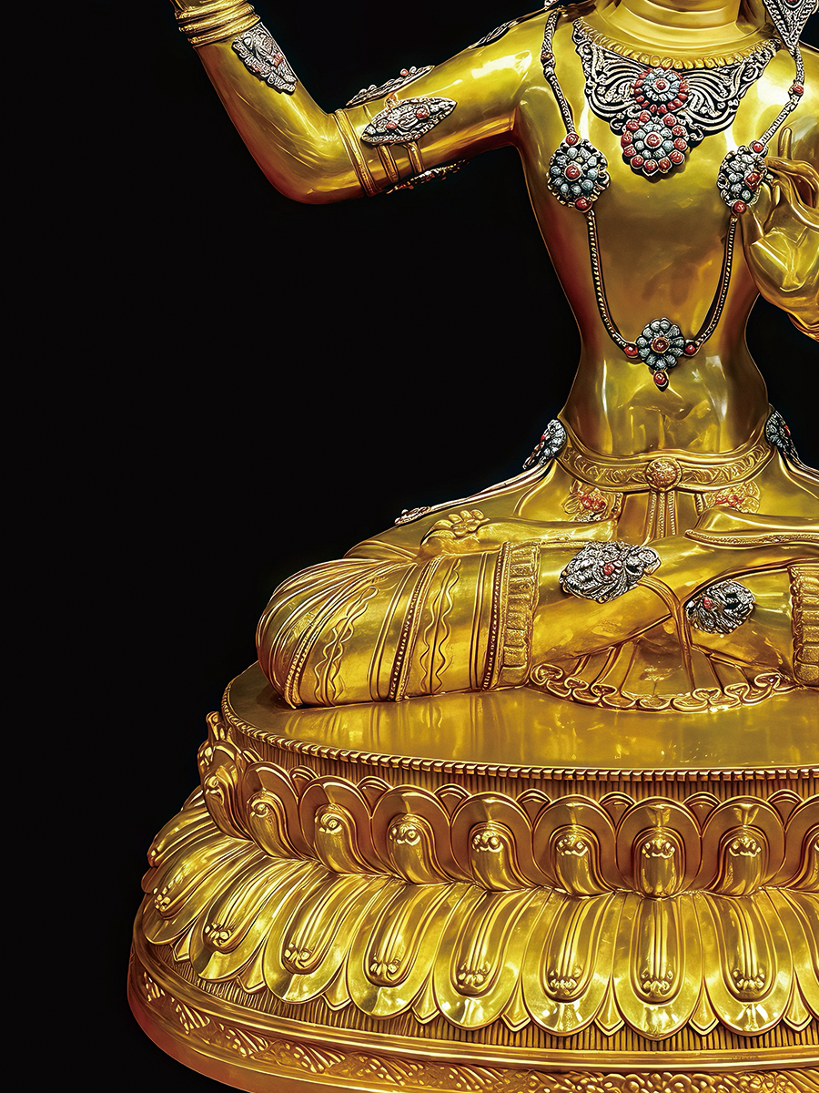 Artisan-crafted golden Manjushri statue for altar offering, blending Tibetan Buddhist statues tradition with luxury gold aesthetics.