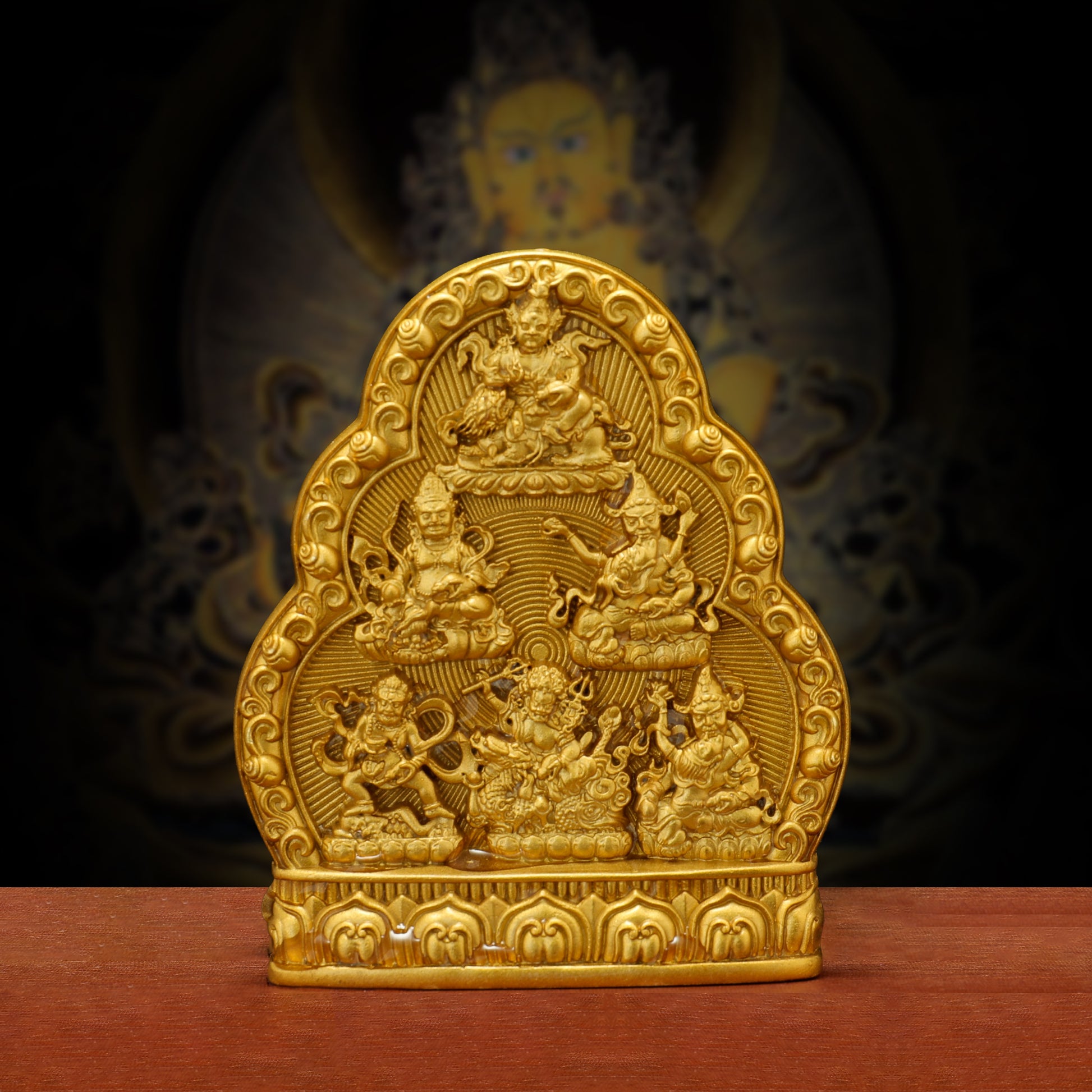 Hand-carved brass Six Wealth Deities set, inviting abundance and spiritual protection, deeply inspired by Tibetan Buddhist ritual implements culture.