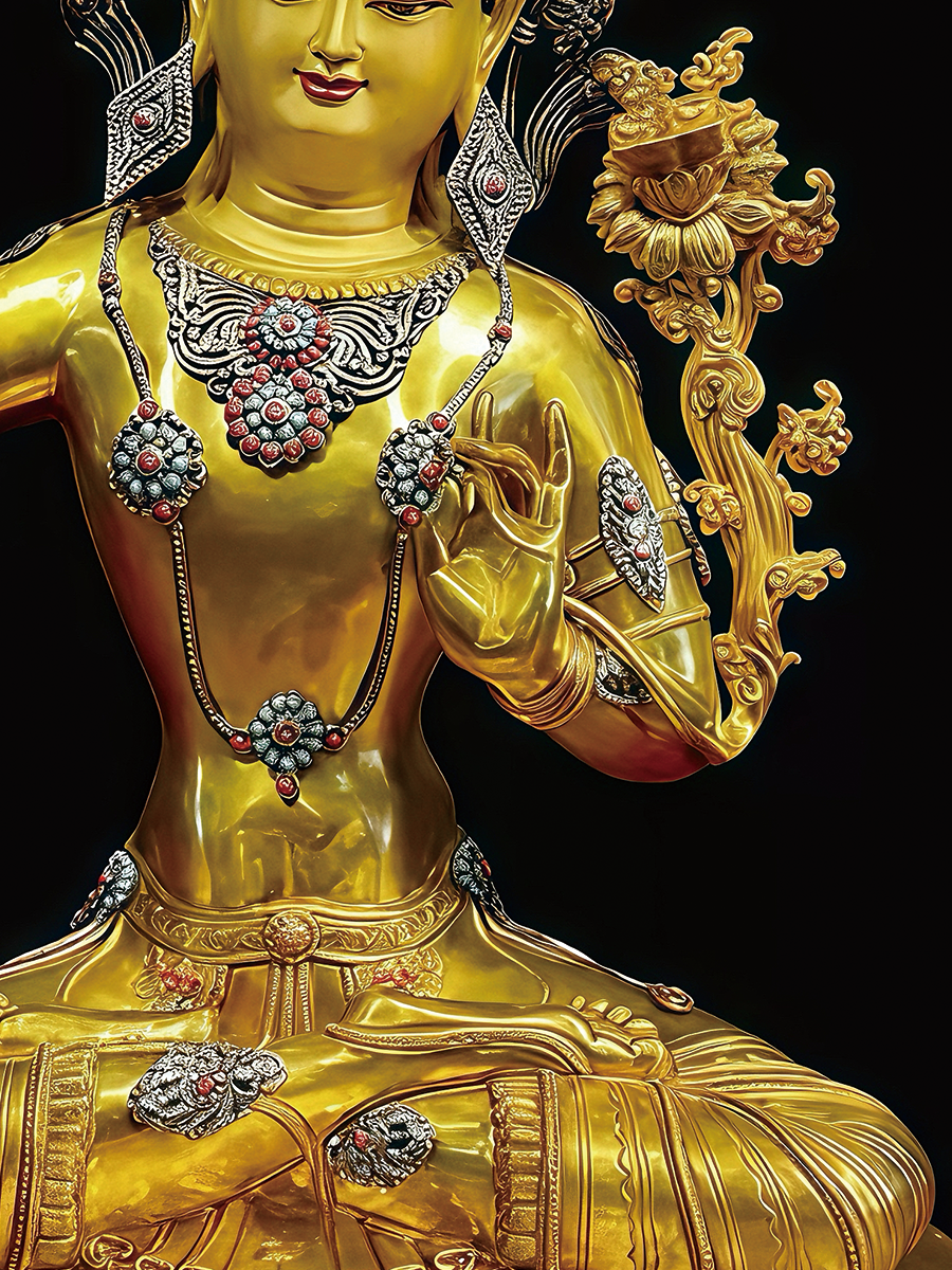 Sacred gold-finished Manjushri Bodhisattva symbolizing supreme wisdom, a masterpiece of Tibetan Buddhist statues culture.
