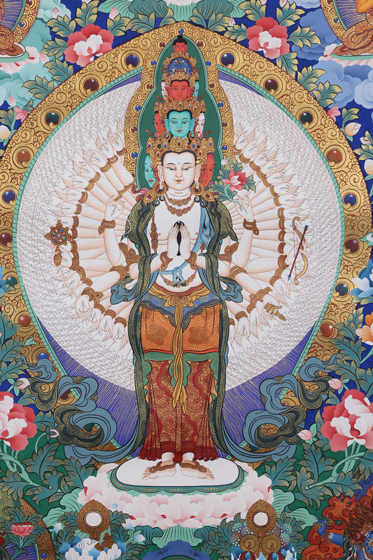 Tibetan Buddhist Thangka Painting - Eleven-Faced Thousand-Armed Avalokiteshvara Wall Art | Traditional Himalayan Spiritual Decor