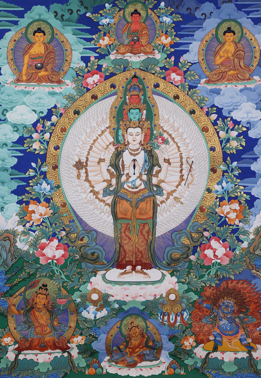 Tibetan Buddhist Thangka Painting - Eleven-Faced Thousand-Armed Avalokiteshvara Wall Art | Traditional Himalayan Spiritual Decor