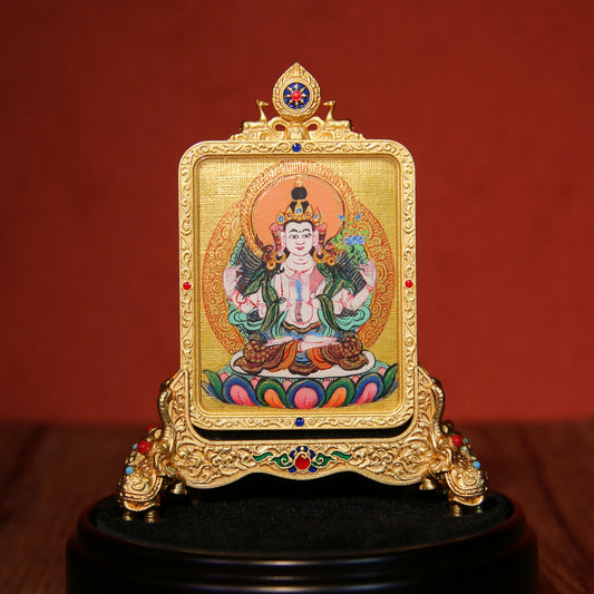Hand-Painted Tibetan Buddhist Thangka Pendant – Four-Armed Avalokiteshvara (Chenrezig) Sacred Art from Tibet