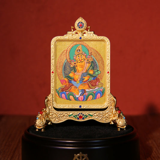 Tibetan Buddhist Hand-Painted Thangka Pendant – Yellow Jambhala Wealth Deity Sacred Art from Tibet