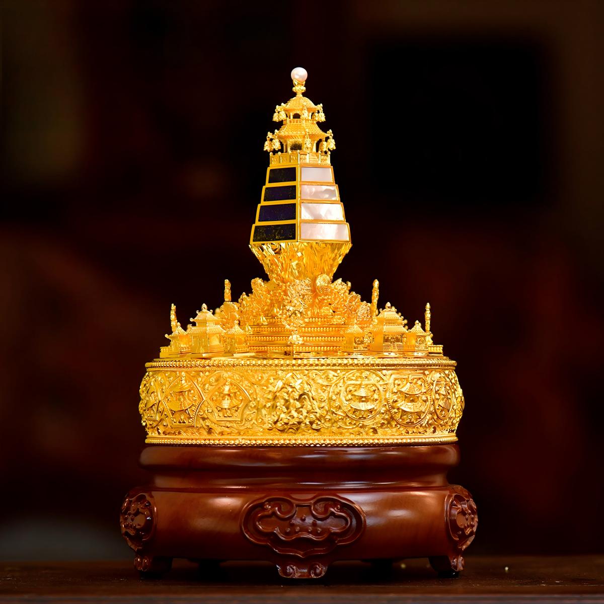 Tibetan Buddhist Jewelry Culture: A handmade 37-heap Mother of Pearl mandala offering set, showcasing sacred Buddhist sacrificial items art and spiritual devotion.