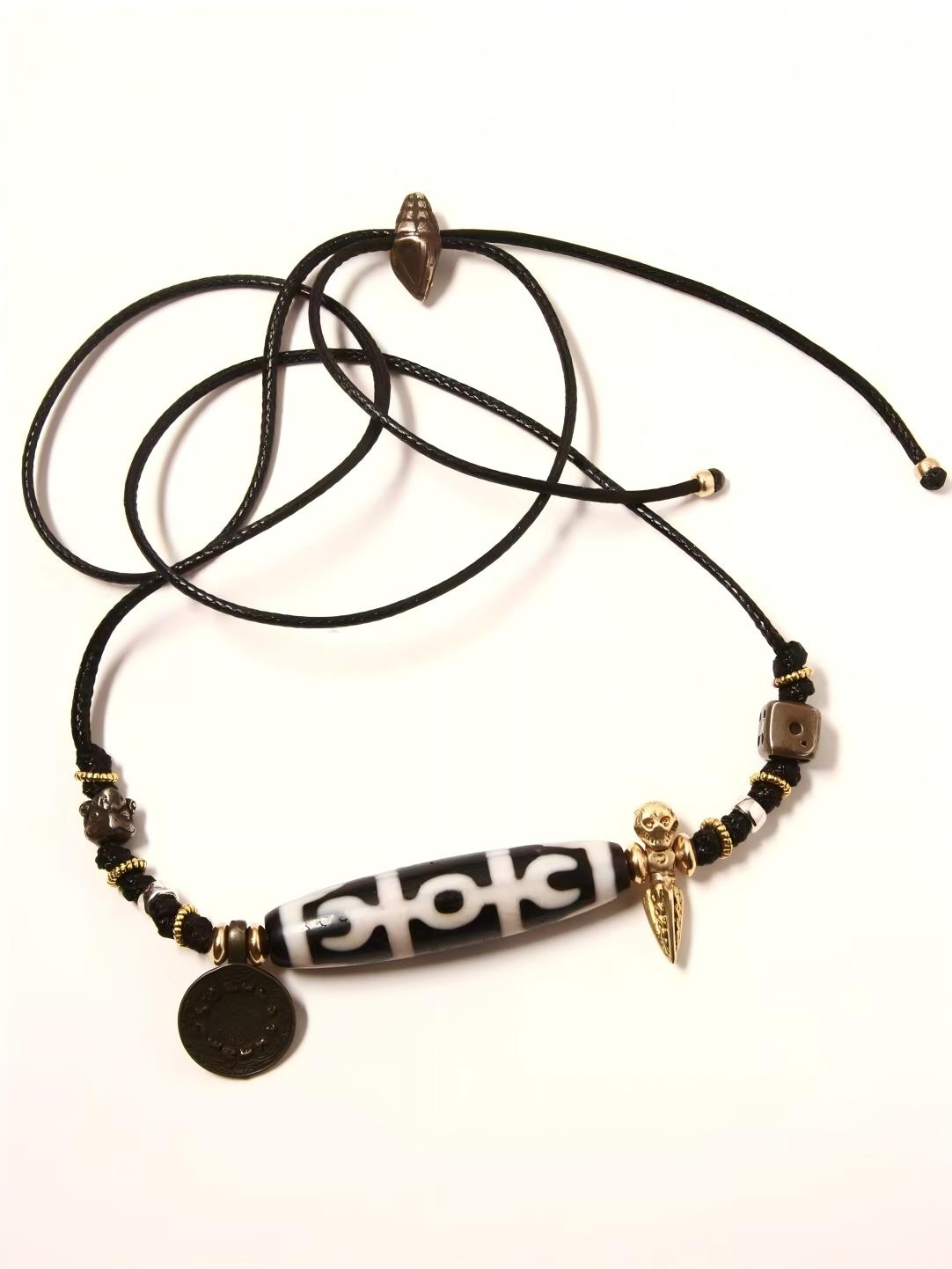 Handcrafted Agate Tianzhu and TianTie on a collarbone chain, featuring a water waves Daro design, embodying spiritual guidance and abundance.