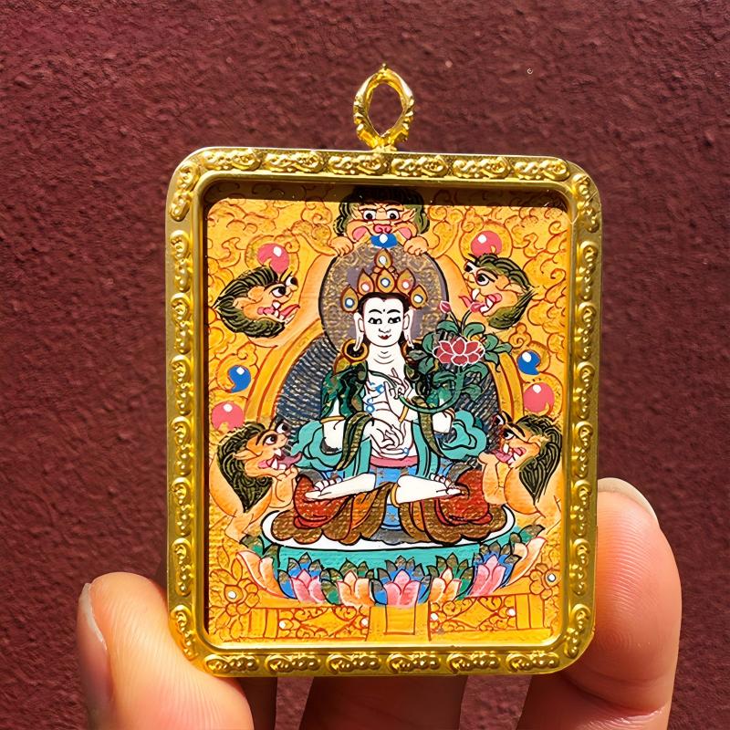 Manjushri hand-painted Thangka pendant, Tibetan Buddhist Jewelry Culture, Jewelry art necklace for wisdom, learning, and protection