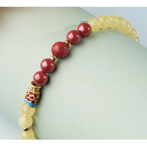 Tibetan Buddhist Jewelry Culture: Handmade Amber Cinnabar Koi Carp Bracelet for attracting good fortune and positive energy