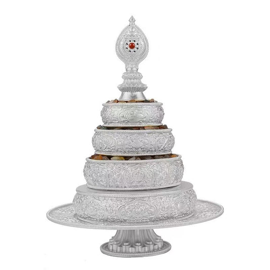 Handmade S999 pure silver Mandala offering set (Manza) featuring Eight Auspicious Symbols, a masterpiece of Tibetan Buddhist Jewelry Culture and jewelry art.