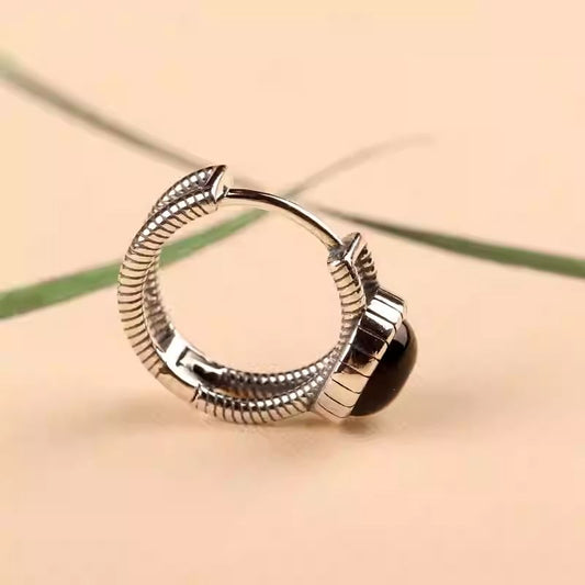 Tibetan Buddhist Jewelry Culture inspired black agate silver hoop earrings, a minimalist piece of Jewelry art.