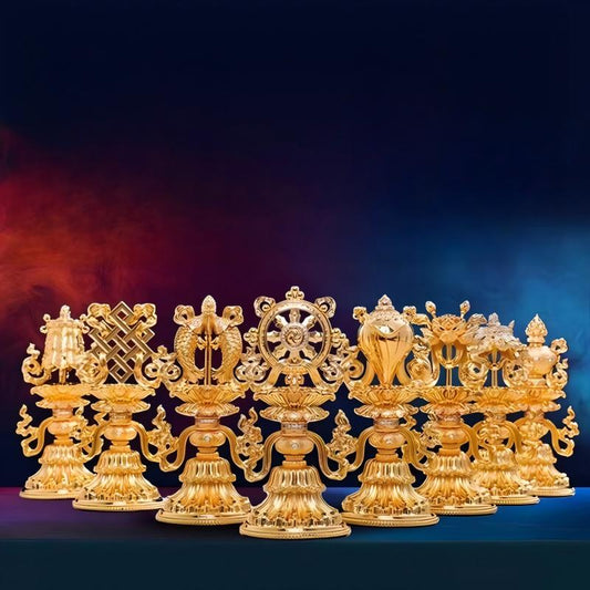 Handmade Nepal gilt Eight Auspicious Symbols set, a masterpiece of Tibetan Buddhist Jewelry Culture and jewelry art for home decor.