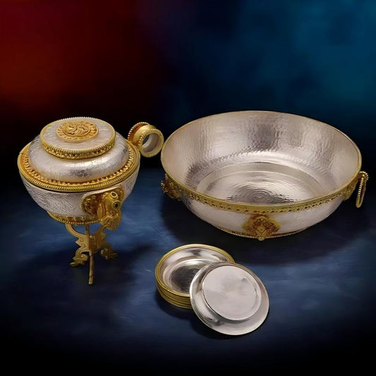 Handmade Nepal gold and silver gilt offering set, a masterpiece of Tibetan Buddhist Jewelry Culture and jewelry art for altars.