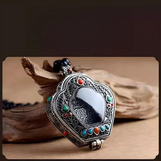 Tibetan-Buddhist Silver Travel Shrine Gau Box: Handmade Jewelry Art