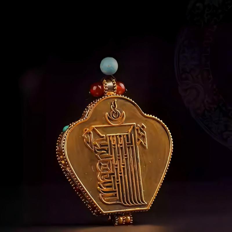 Tibetan Buddhist Jewelry Culture handmade Yellow Jambhala Gau box with transparent window, a sacred piece of Jewelry art.