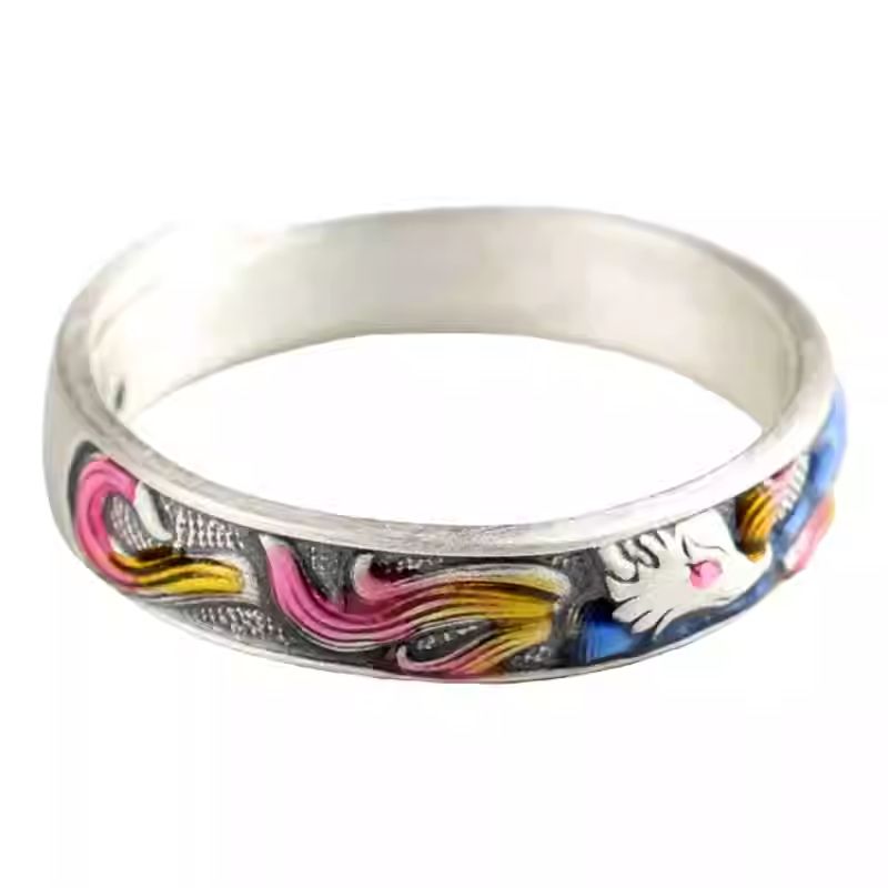 Tibetan Buddhist Jewelry Culture handmade nine-tailed fox ring with peach blossom motifs, a romantic piece of Jewelry art.