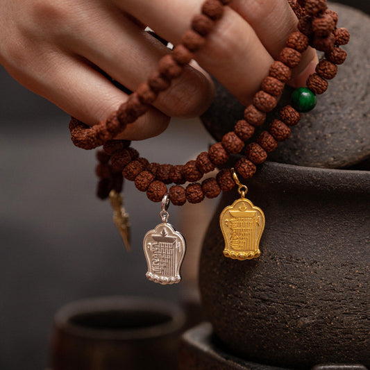 Tibetan-Buddhist Jewelry Culture handmade gold-plated silver Kalachakra pendant, a profound Jewelry art piece for universal harmony.