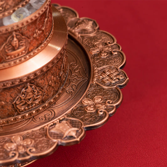 Tibetan-Buddhist Jewelry Culture handmade lotus eight auspicious symbols mandala pan, a sacred Jewelry art ritual object.