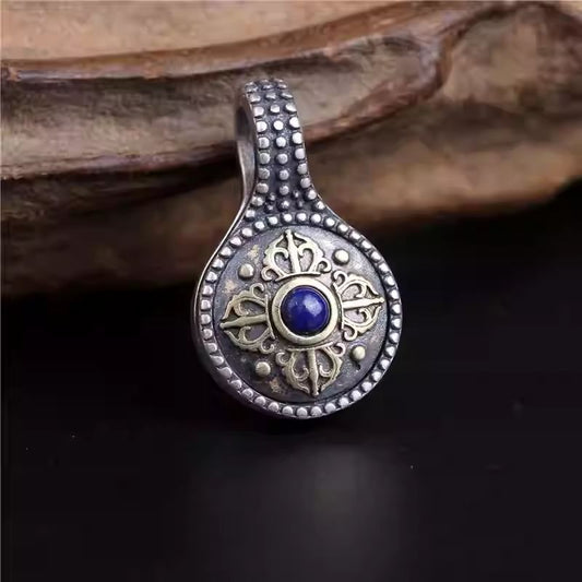 Tibetan Buddhist Jewelry Culture handmade silver Vajra clip with natural Lapis Lazuli, a powerful piece of Jewelry art.