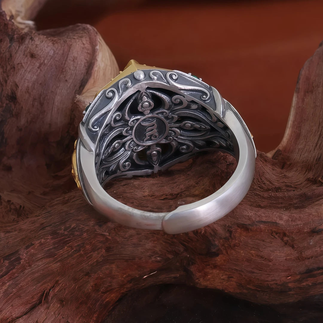 Fine jewelry art in an artisan Tibetan Mongoose Ring, a unique piece within the rich heritage of Tibetan Buddhist Jewelry Culture.