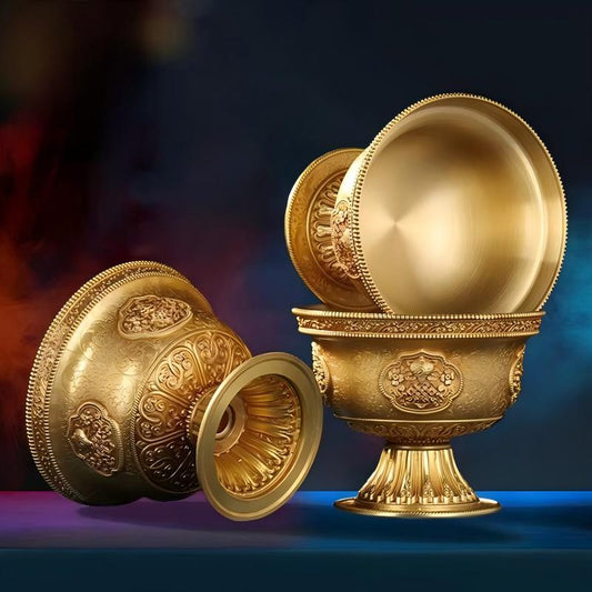 Handmade pure copper water offering cup with Eight Auspicious Symbols, a masterpiece of Tibetan Buddhist Jewelry Culture and jewelry art.