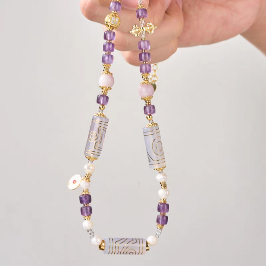 Tibetan Buddhist Jewelry Culture Gold-Inlaid Tang Tube Dzi necklace featuring 1, 2, and 3-eye patterns. A masterpiece of jewelry art in natural agate.