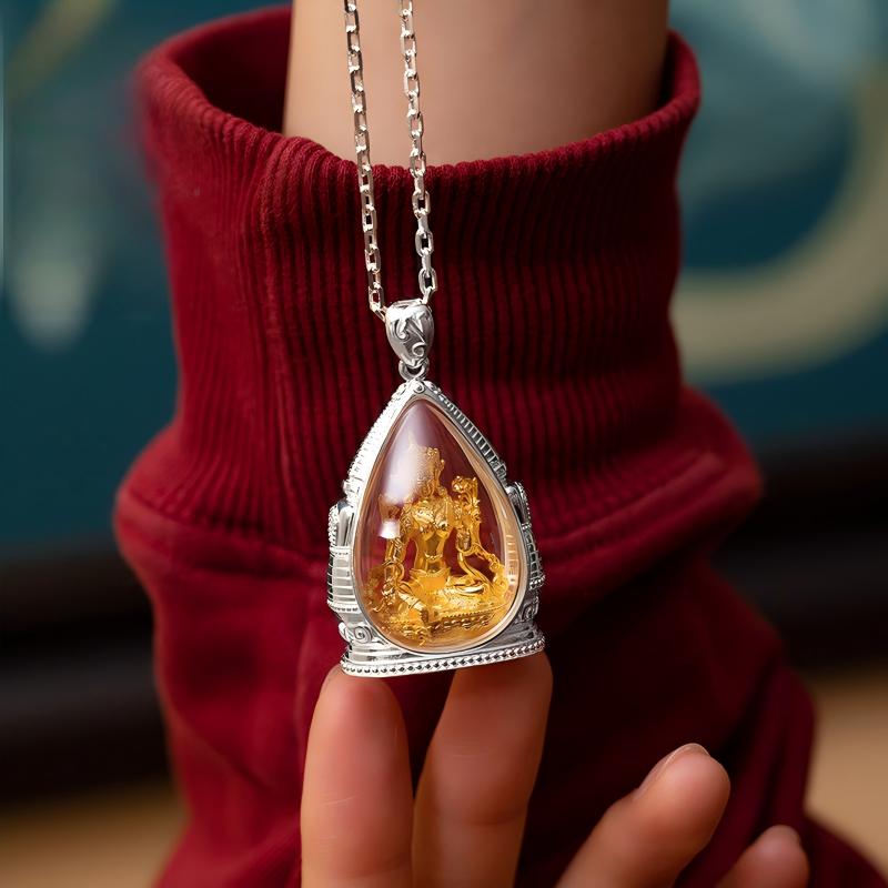 Tibetan Buddhist Jewelry Culture: A handmade silver gold-gilded Guru Rinpoche Gau box, showcasing sacred Buddhist sacrificial items art and protection symbols.