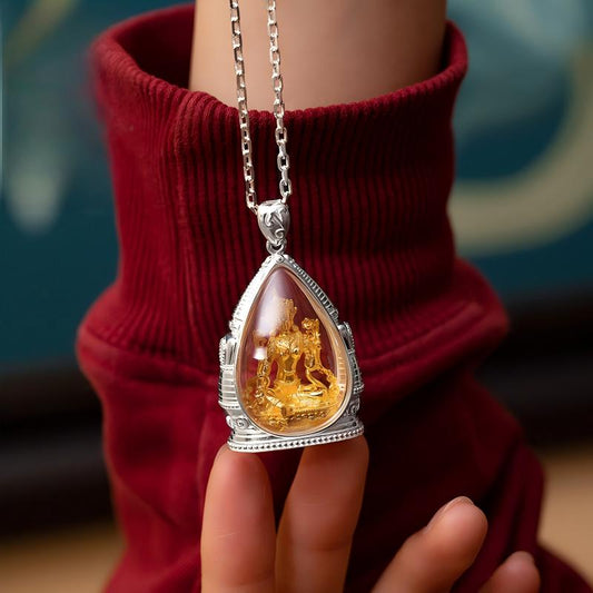 Tibetan Buddhist Jewelry Culture: A handmade silver gold-gilded Guru Rinpoche Gau box, showcasing sacred Buddhist sacrificial items art and protection symbols.