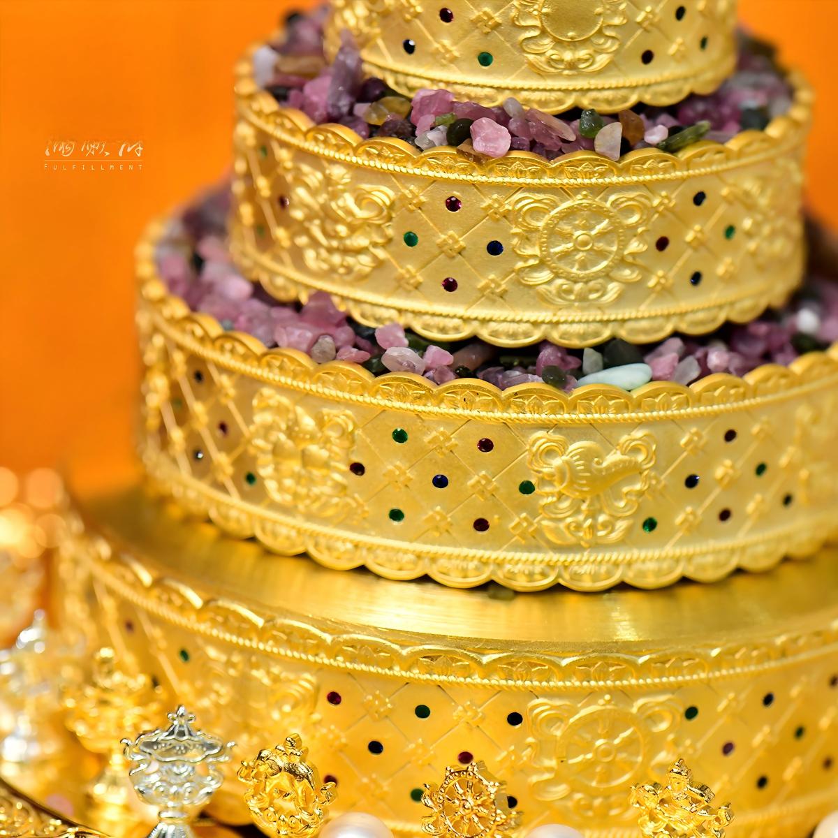 Tibetan Buddhist Jewelry Culture: A handmade brass gold-plated mandala offering set with the Eight Auspicious Symbols, showcasing sacred sacrificial items art.