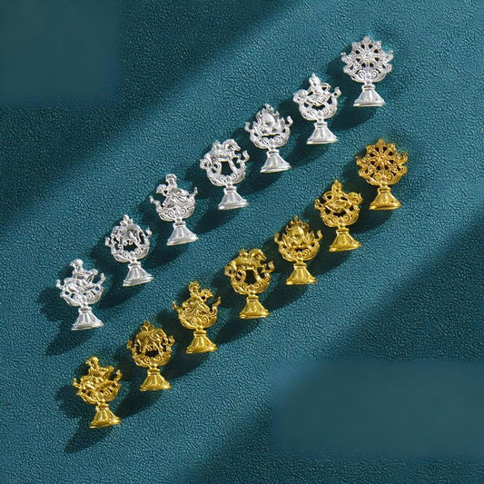 Tibetan Buddhist Jewelry Culture: A handmade Eight Auspicious Symbols set for home altar, showcasing sacred Buddhist sacrificial items art and fortune.