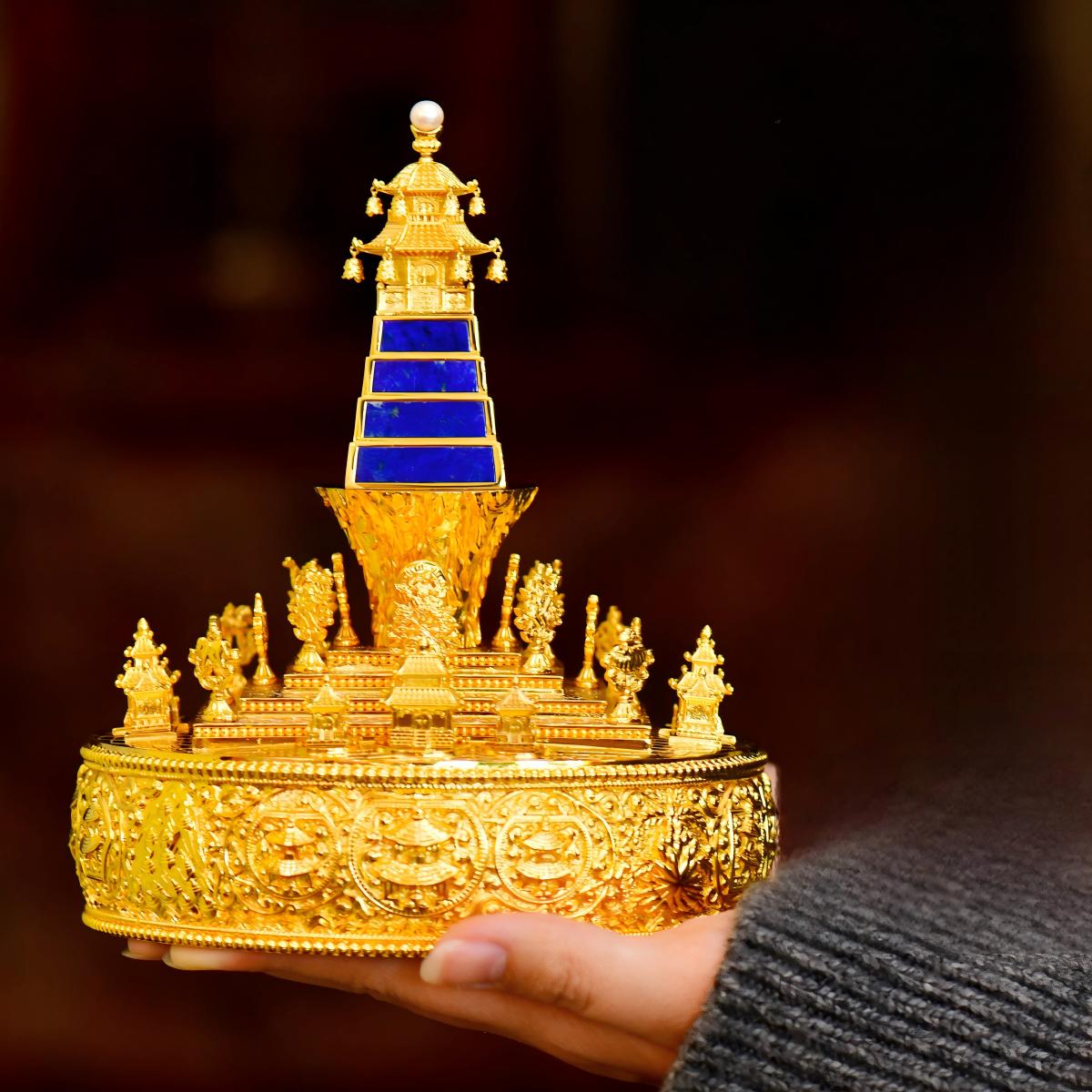 Tibetan Buddhist Jewelry Culture: Exquisite 37-heap mandala plate for altar offering, a masterpiece of Tibetan Buddhist sacrificial implements culture.