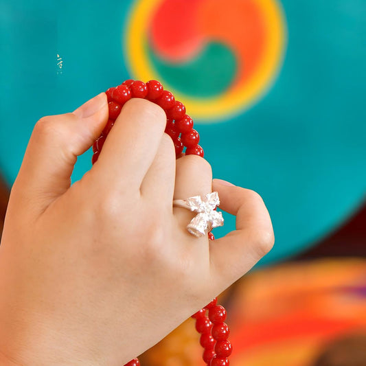 Tibetan Buddhist Jewelry Culture: A handmade sterling silver double Vajra & Bell cross ring, showcasing sacred Buddhist jewelry art and protection symbols.