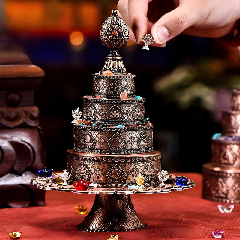 Tibetan Buddhist Jewelry Culture: A handmade silver & copper gilded mandala offering set, showcasing sacred sacrificial items art.