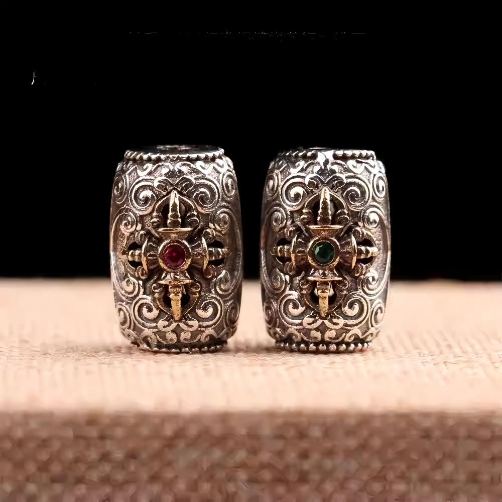 Tibetan Buddhist Jewelry Culture sterling silver copper inlaid Vajra barrel bead accessory. A piece of jewelry art for power and protection.