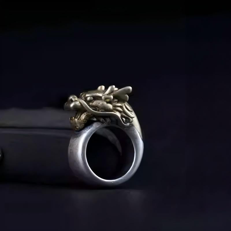  Tibetan Buddhist Jewelry Culture sterling silver copper inlaid dragon head round loop accessory. A piece of jewelry art for power and smooth fortune.
