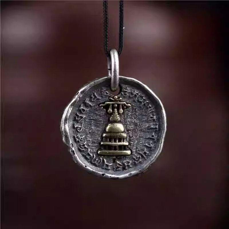 Tibetan Buddhist Jewelry Culture sterling silver copper inlaid vintage pagoda pendant. A sacred piece of jewelry art for wisdom and merit accumulation.