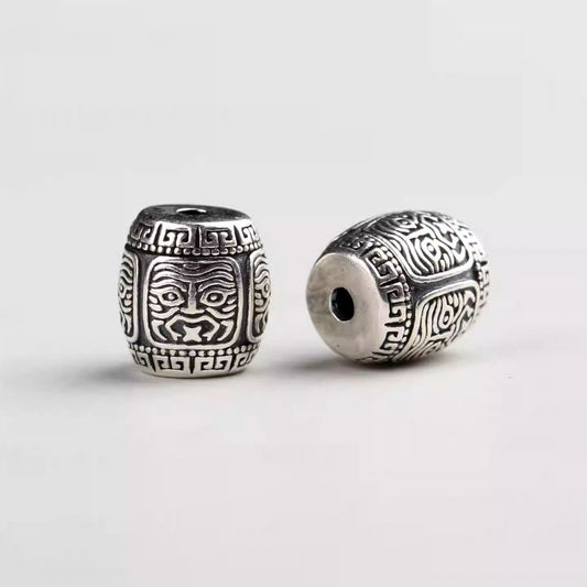 Tibetan Buddhist Jewelry Culture sterling silver Zhakiralam protector barrel bead accessory. A piece of jewelry art for wealth and protection.
