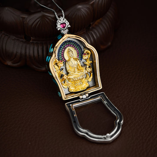 Handcrafted Tibetan-style Bhaisajyaguru pendant in silver and copper with turquoise, rotatable Gau Box necklace, unisex protective amulet, Tibetan Buddhist Jewelry Culture Jewelry art