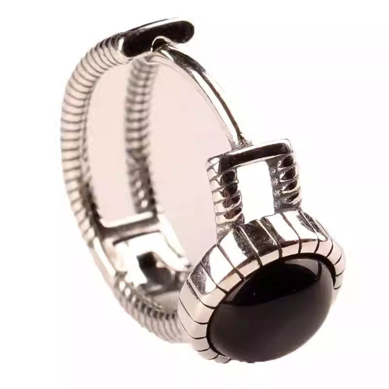  Handmade sterling silver round ear rings with black onyx, showcasing elegant Jewelry art and modern style.