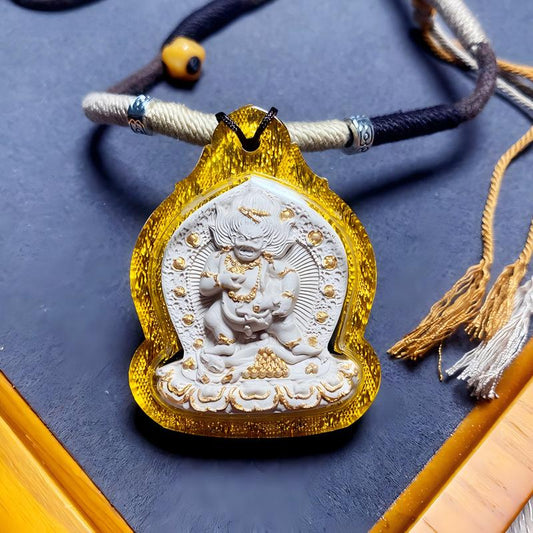 Hand-painted Black Jambhala ash pendant from Tibetan Buddhist Jewelry Culture, handmade Jewelry art amulet necklace for protection and fortune