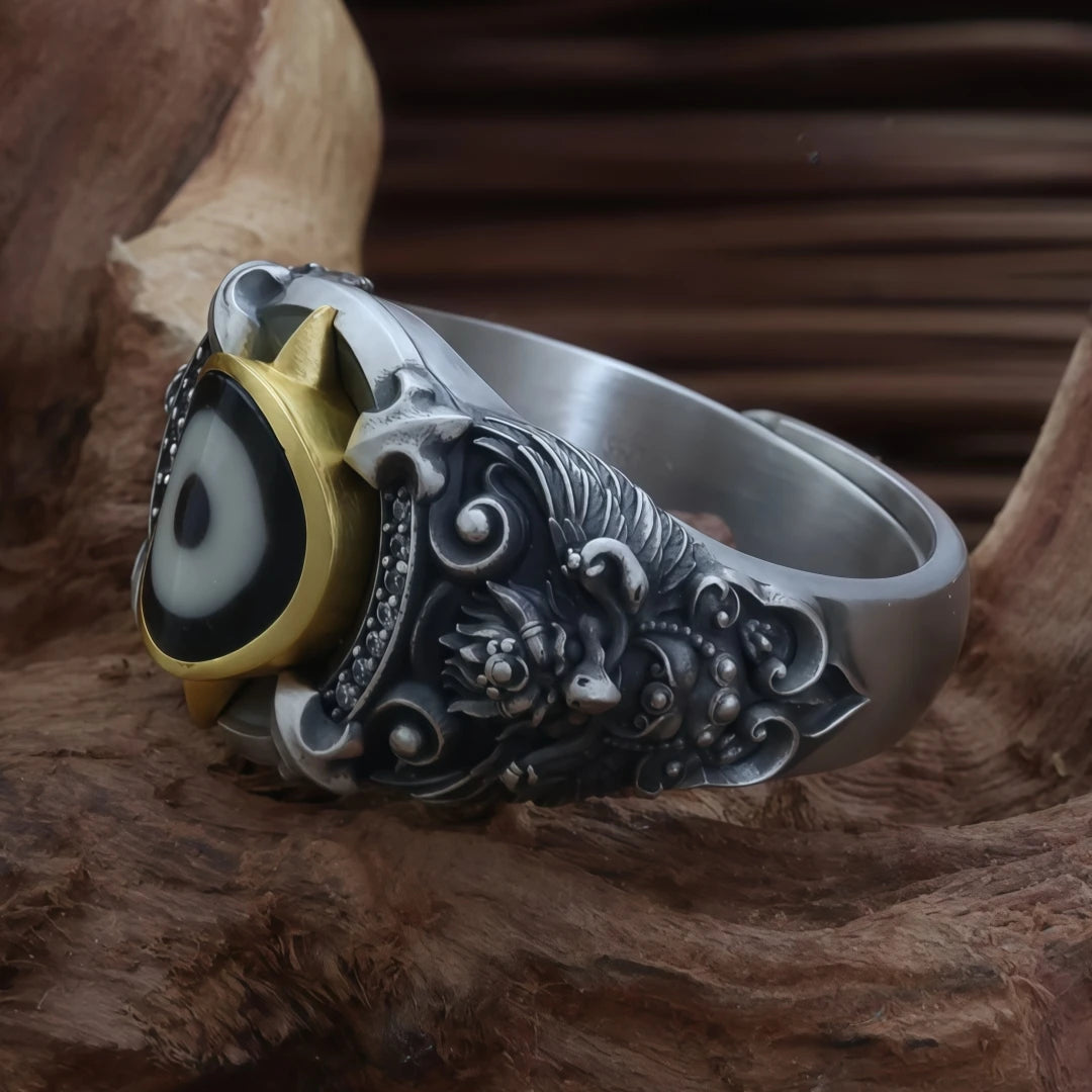 Bonding Beads ring featuring hand-painted Garuda details, a unique piece of Tibetan Buddhist Jewelry Culture jewelry art.
